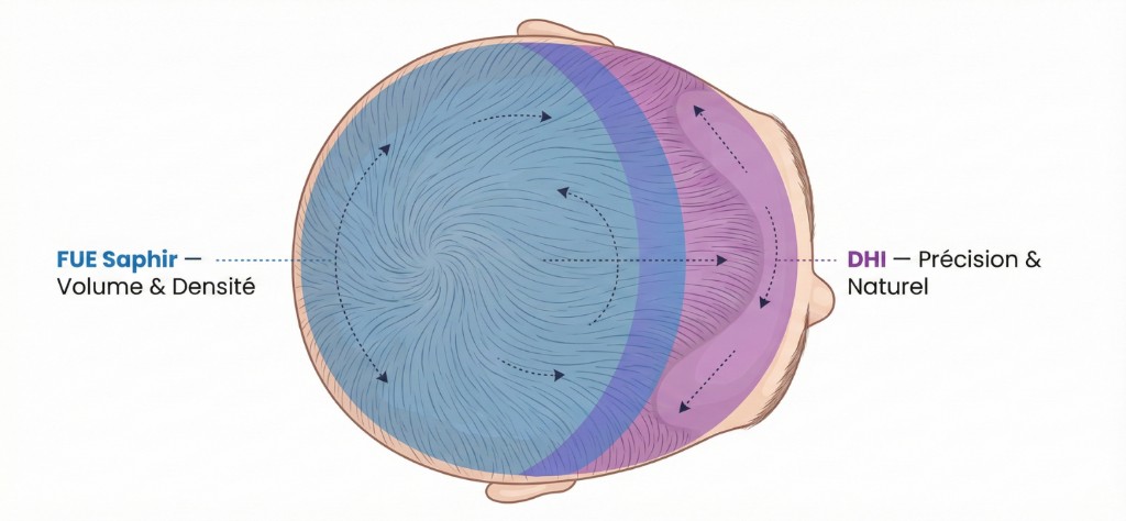 Schéma vue de dessus (bird's eye) du cuir chevelu masculin montrant les zones de traitement de l'approche hybride greffe capillaire : zone postérieure (vertex, mid-scalp, couronne) en bleu pour la FUE Saphir — Volume & Densité, zone antérieure (ligne frontale, tempes) en violet pour la Choi Pen — Précision & Naturel, avec une zone de transition bleu-violet au mid-scalp et les directions naturelles de pousse des cheveux indiquées par des flèches