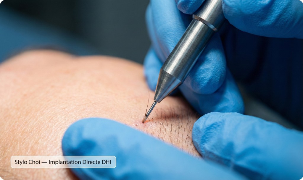 Gros plan médical sur un stylo implanteur Choi métallique implantant directement un greffon capillaire dans le cuir chevelu lors d'une greffe Choi Pen Technique : pointe à aiguille fine pénétrant la peau, gants chirurgicaux bleus, environnement stérile — label 'Stylo Choi — Implantation Directe Choi Pen'