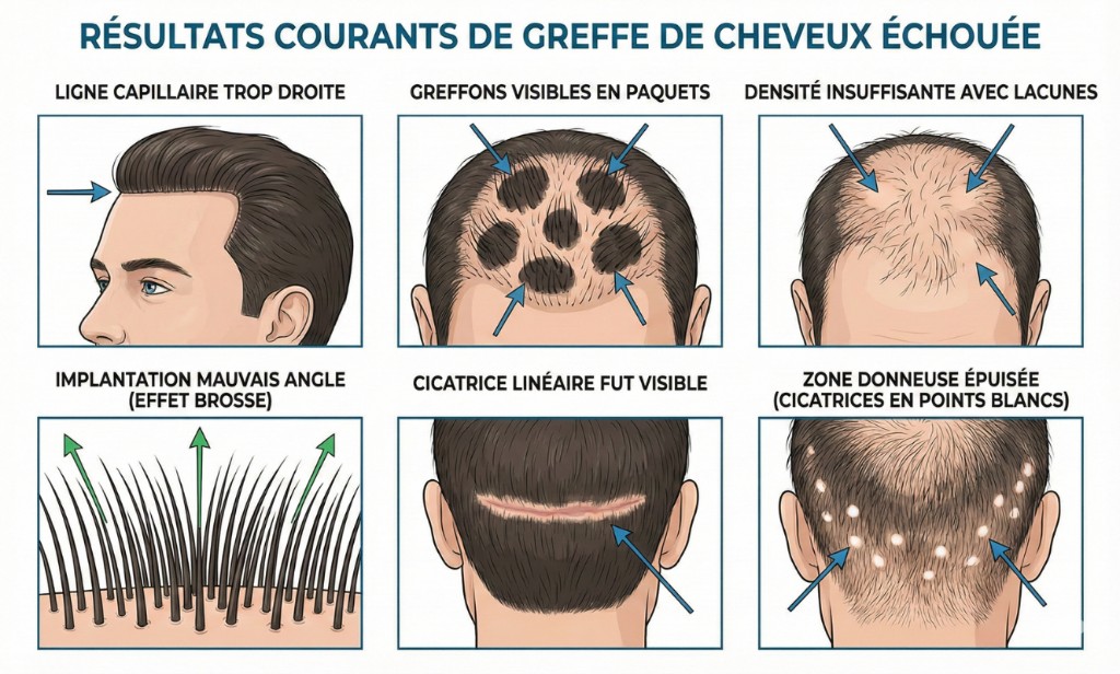 6 types de greffe de cheveux ratée — Diagnostic visuel des échecs | Renaissance Clinique Six résultats courants d'une greffe de cheveux échouée : ligne capillaire trop droite, greffons visibles en paquets (plugs), densité insuffisante avec lacunes, implantation à mauvais angle créant un effet brosse, cicatrice linéaire FUT visible sur la nuque, zone donneuse épuisée avec cicatrices en points blancs
