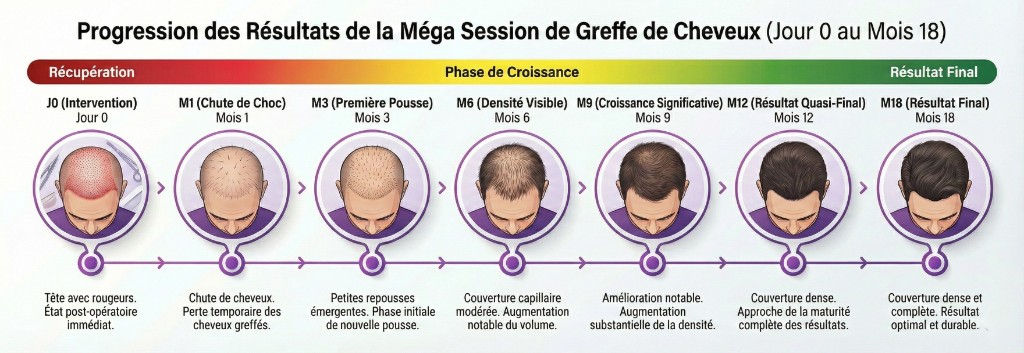 Progression des Résultats Méga Session Greffe de Cheveux — Jour 0 au Mois 18 | Renaissance Clinique Chronologie illustrée de la progression des résultats après méga session de greffe de cheveux, du Jour 0 au Mois 18 : J0 Intervention (tête avec rougeurs, état post-opératoire immédiat), M1 Chute de Choc (perte temporaire des cheveux greffés), M3 Première Pousse (petites repousses émergentes, phase initiale de nouvelle pousse), M6 Densité Visible (couverture capillaire modérée, augmentation notable du volume), M9 Croissance Significative (amélioration notable, augmentation substantielle de la densité), M12 Résultat Quasi-Final (couverture dense, approche de la maturité complète), M18 Résultat Final (couverture dense et complète, résultat optimal et durable). Barre de progression colorée : rouge (récupération) → jaune/vert (phase de croissance) → vert foncé (résultat final).