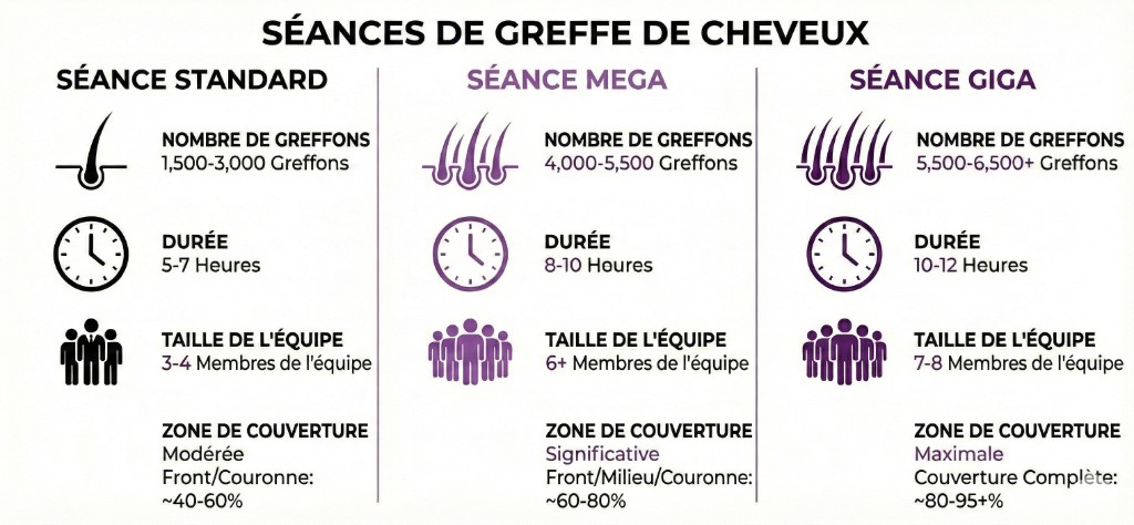 Comparaison Séance Standard vs Méga Session vs Giga Session — Greffe de Cheveux | Renaissance Clinique Infographie comparant trois types de séances de greffe de cheveux : Séance Standard (1 500-3 000 greffons, 5-7 heures, équipe de 3-4, couverture 40-60%), Séance Méga (4 000-5 500 greffons, 8-10 heures, équipe de 6+, couverture 60-80%) et Séance Giga (5 500-6 500+ greffons, 10-12 heures, équipe de 7-8, couverture 80-95%+). Chaque colonne montre le nombre de greffons, la durée, la taille de l'équipe et la zone de couverture avec icônes violettes.