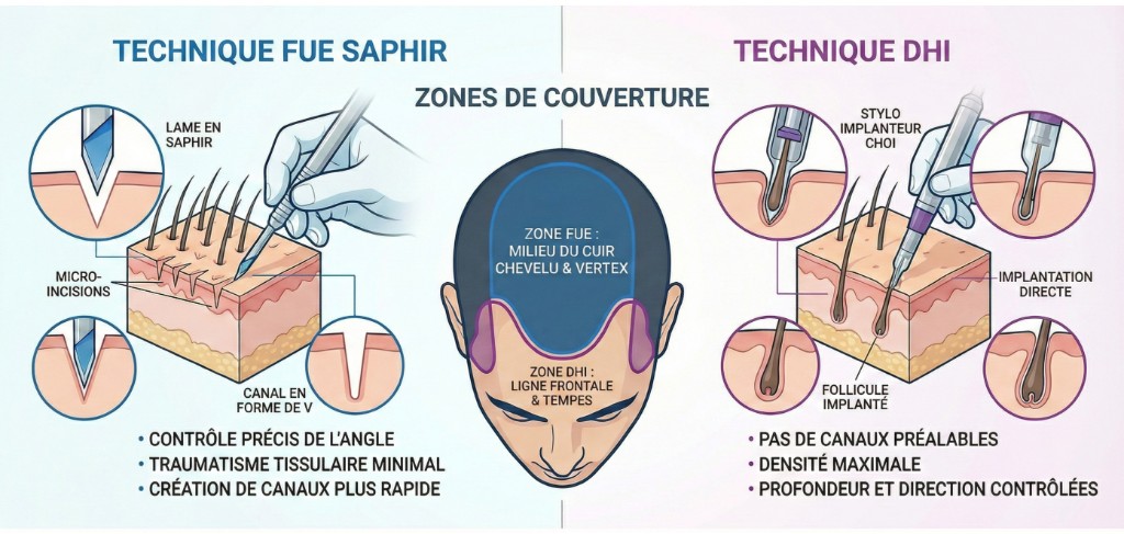 Technique FUE Saphir vs Choi Pen Stylo Choi — Zones de Couverture en Méga Session | Renaissance Clinique Comparaison illustrée des techniques FUE Saphir et Choi Pen en méga session : à gauche, la technique FUE Saphir avec lame en saphir créant des micro-incisions en forme de V (contrôle précis de l'angle, traumatisme tissulaire minimal, création de canaux rapide) pour le milieu du cuir chevelu et le vertex ; au centre, diagramme crânien montrant les zones de couverture FUE (mid-scalp, vertex en bleu) et Choi Pen (ligne frontale, tempes en violet) ; à droite, la technique Choi Pen avec stylo implanteur Choi pour implantation directe du follicule (pas de canaux préalables, densité maximale, profondeur et direction contrôlées).