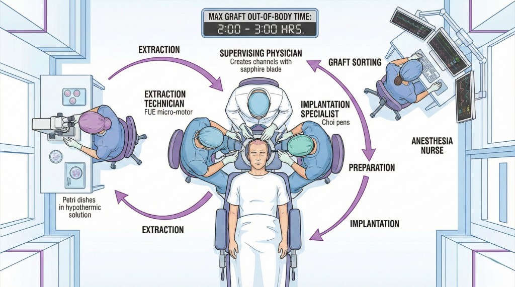 Schéma du Bloc Opératoire Méga Session — Équipe de 6+ Spécialistes en Rotation | Renaissance Clinique Schéma vue de dessus du bloc opératoire lors d'une méga session de greffe capillaire : le patient est allongé au centre, entouré de 6+ spécialistes en rotation — 2 techniciens d'extraction (FUE micro-motor), 1 médecin superviseur (création de canaux à la lame saphir), 1 spécialiste d'implantation (stylo Choi), 1 station de tri et préparation des greffons (boîtes de Petri en solution hypothermique), 1 infirmière anesthésiste (monitoring des constantes). Les flèches violettes montrent le flux de travail circulaire : extraction → tri → préparation → implantation. Horloge affichant le temps hors-corps maximal : 2h00-3h00.