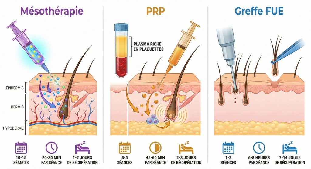 Comparaison mésothérapie vs PRP vs greffe FUE — Mécanismes, séances et récupération | Renaissance Clinique Infographie comparative des trois traitements capillaires en coupe transversale du cuir chevelu : à gauche, mésothérapie — injection de cocktail vitaminé dans le mésoderme via seringue, 10-15 séances de 20-30 min, 1-2 jours de récupération ; au centre, PRP (Plasma Riche en Plaquettes) — tube de centrifugation séparant le plasma doré du sang puis injection des facteurs de croissance activant les cellules souches du follicule, 3-5 séances de 45-60 min, 2-3 jours de récupération ; à droite, greffe FUE — extraction d'unités folliculaires individuelles avec micro-punch puis implantation dans la zone receveuse, 1-2 séances de 6-8 heures, 7-14 jours de récupération. Couches anatomiques annotées : épiderme, dermis, hypoderme