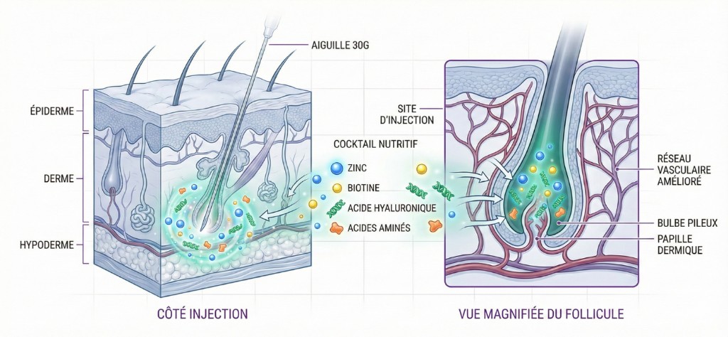 Mécanisme d'action de la mésothérapie capillaire — Injection dans le mésoderme du cuir chevelu | Renaissance Clinique Schéma du mécanisme de la mésothérapie capillaire en coupe transversale : à gauche, injection du cocktail nutritif (zinc, biotine, acide hyaluronique, acides aminés) dans le mésoderme du cuir chevelu via une aiguille 30G à travers les couches épiderme, derme et hypoderme ; à droite, vue magnifiée du follicule pileux montrant le site d'injection, le réseau vasculaire amélioré, le bulbe pileux et la papille dermique recevant les nutriments
