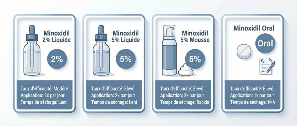 Comparaison des 4 formes de minoxidil : liquide 2%, liquide 5%, mousse 5% et oral — Posologie et efficacité | Renaissance Clinique Infographie comparative des 4 formes de minoxidil : Minoxidil 2% liquide (taux d'efficacité modéré, 2x par jour, séchage lent), Minoxidil 5% liquide (taux d'efficacité élevé, 2x par jour, séchage lent), Minoxidil 5% mousse (taux d'efficacité élevé, 2x par jour, séchage rapide) et Minoxidil oral (taux d'efficacité élevé, 1x par jour)