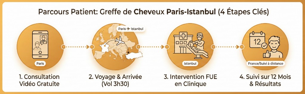 Parcours patient greffe de cheveux Paris-Istanbul en 4 étapes : consultation, vol, intervention FUE et suivi 12 mois | Renaissance Clinique Parcours patient greffe de cheveux Paris-Istanbul en 4 étapes clés : 1. Consultation vidéo gratuite depuis Paris, 2. Voyage et arrivée avec vol direct Paris-Istanbul de 3h30 sur carte de l'Europe, 3. Intervention FUE en clinique à Istanbul, 4. Suivi sur 12 mois et résultats depuis la France à distance. Infographie avec icônes connectées par un chemin pointillé.
