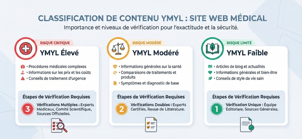 Classification de Contenu YMYL : Niveaux de Vérification pour Site Web Médical — Politique Éditoriale | Renaissance Clinique Infographie de classification de contenu YMYL pour site web médical : YMYL Élevé (risque critique — procédures médicales complexes, prix, conseils de traitement d'urgence — 3 vérifications multiples par experts médicaux, comité scientifique et sources officielles), YMYL Modéré (risque modéré — informations générales santé, comparaisons de traitements, symptômes — 2 vérifications doubles par experts certifiés et revue de littérature), YMYL Faible (risque limité — articles de blog, bien-être, conseils de vie sain — 1 vérification unique par équipe éditoriale)