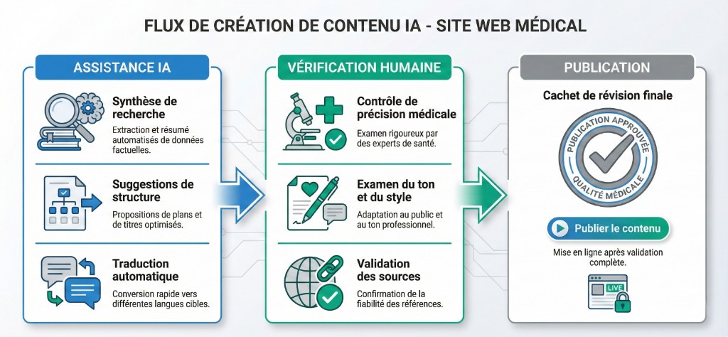 Flux de Création de Contenu IA : Assistance, Vérification Humaine & Publication — Politique Éditoriale | Renaissance Clinique Infographie du flux de création de contenu IA pour site web médical en 3 phases : 1. Assistance IA — synthèse de recherche (extraction et résumé automatisés de données factuelles), suggestions de structure (propositions de plans et de titres optimisés), traduction automatique (conversion rapide vers différentes langues cibles) ; 2. Vérification humaine — contrôle de précision médicale (examen rigoureux par des experts de santé), examen du ton et du style (adaptation au public et au ton professionnel), validation des sources (confirmation de la fiabilité des références) ; 3. Publication — cachet de révision finale « Publication Approuvée — Qualité Médicale », mise en ligne après validation complète