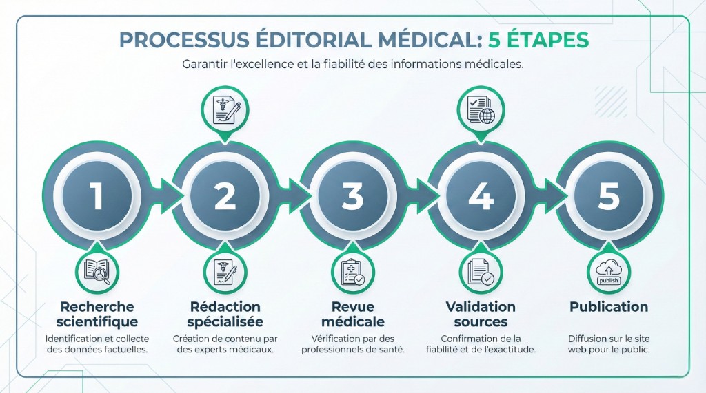 Processus Éditorial Médical en 5 Étapes — Politique Éditoriale | Renaissance Clinique Infographie du processus éditorial médical en 5 étapes de Renaissance Clinique : 1. Recherche scientifique — identification et collecte des données factuelles, 2. Rédaction spécialisée — création de contenu par des experts médicaux, 3. Revue médicale — vérification par des professionnels de santé, 4. Validation sources — confirmation de la fiabilité et de l'exactitude, 5. Publication — diffusion sur le site web pour le public