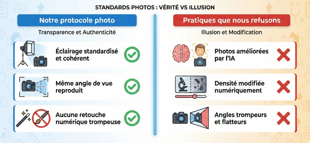 Standards Photos Avant/Après : Vérité vs Illusion — Charte Photographique | Renaissance Clinique Comparatif des standards photos avant/après pour clinique médicale — Vérité vs Illusion : Notre protocole photo (transparence et authenticité) avec éclairage standardisé et cohérent, même angle de vue reproduit, aucune retouche numérique trompeuse ; Pratiques que nous refusons (illusion et modification) : photos améliorées par l'IA, densité modifiée numériquement, angles trompeurs et flatteurs