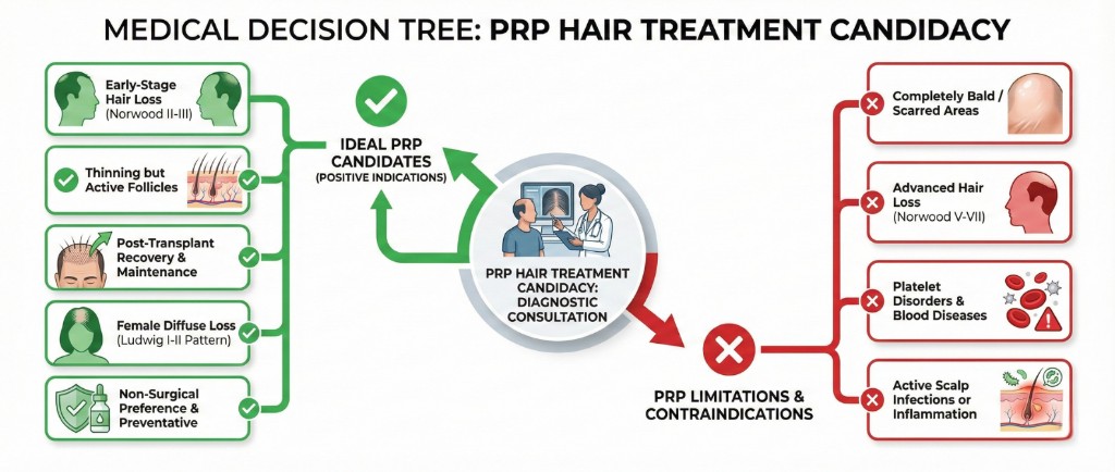 Arbre décisionnel PRP capillaire — Indications positives vs contre-indications médicales | Renaissance Clinique Arbre décisionnel médical d'éligibilité au PRP capillaire : à gauche les 5 indications positives (candidats idéaux) — alopécie débutante Norwood II-III, cheveux clairsemés avec follicules encore actifs, récupération et entretien post-greffe, alopécie diffuse féminine Ludwig I-II, préférence non chirurgicale et prévention — au centre la consultation diagnostique avec analyse trichoscopique — à droite les 4 limitations et contre-indications — zones totalement chauves ou cicatricielles, alopécie avancée Norwood V-VII, troubles plaquettaires et maladies sanguines, infections ou inflammations actives du cuir chevelu