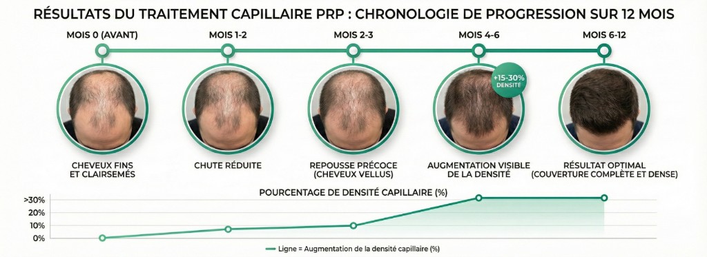 Résultats du traitement PRP capillaire — Chronologie de progression sur 12 mois avec courbe de densité | Renaissance Clinique Chronologie photographique des résultats du traitement PRP capillaire sur 12 mois en 5 étapes avec courbe de progression de la densité : Mois 0 (avant) cheveux fins et clairsemés sur le vertex, Mois 1-2 chute réduite et stabilisation, Mois 2-3 repousse précoce de cheveux vellus visibles, Mois 4-6 augmentation visible de la densité capillaire de +15-30% mesurée par trichoscopie, Mois 6-12 résultat optimal avec couverture complète et dense — graphique du pourcentage de densité capillaire montrant une progression exponentielle de 0% à plus de 30%