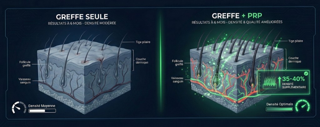 Greffe de cheveux seule vs Greffe + PRP — Comparaison anatomique de la densité et vascularisation à 6 mois | Renaissance Clinique Comparaison anatomique en coupe transversale du cuir chevelu à 6 mois post-opératoire : greffe seule (gauche) montrant une densité modérée avec follicules greffés, tiges pilaires fines, vaisseaux sanguins standards et couche dermique normale — versus greffe combinée au PRP (droite) montrant une densité et qualité améliorées avec 35-40% de densité supplémentaire, follicules greffés plus volumineux, néovascularisation périfolliculaire accrue (réseau vasculaire en rouge-vert), tiges pilaires plus épaisses et couche dermique revitalisée