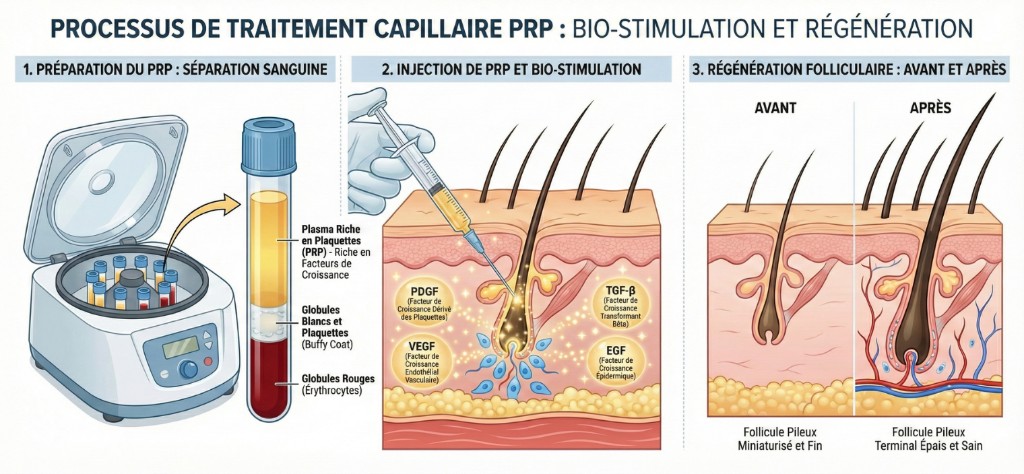 Processus de traitement capillaire PRP : Bio-stimulation et Régénération — Renaissance Clinique Schéma du processus PRP capillaire en 3 étapes : 1. Préparation du PRP par séparation sanguine (centrifugeuse isolant plasma riche en plaquettes, globules blancs et globules rouges), 2. Injection de PRP et bio-stimulation avec facteurs de croissance (PDGF, VEGF, TGF-β, EGF) activant le follicule pileux, 3. Régénération folliculaire avant/après montrant la transformation d'un follicule miniaturisé en follicule terminal épais et sain
