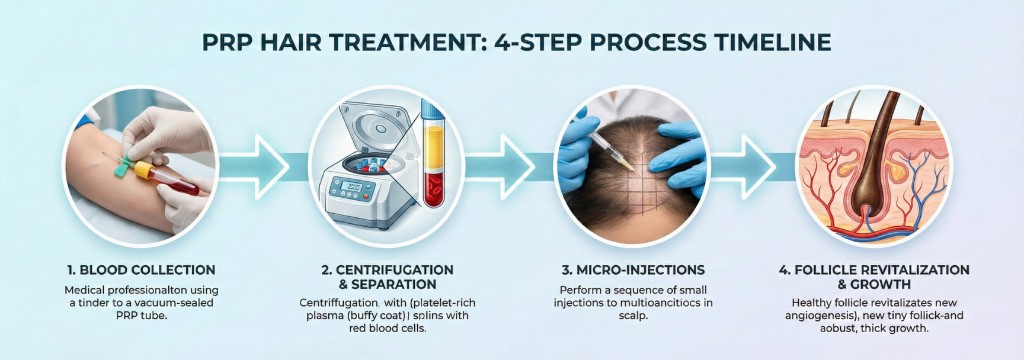 Protocole PRP capillaire en 4 étapes : prélèvement, centrifugation, micro-injections et régénération folliculaire | Renaissance Clinique Protocole PRP capillaire en 4 étapes chronologiques : étape 1 prélèvement sanguin dans un tube PRP sous vide par un professionnel médical, étape 2 centrifugation et séparation du plasma riche en plaquettes (buffy coat) des globules rouges, étape 3 micro-injections intradermiques ciblées dans le cuir chevelu selon un quadrillage précis, étape 4 revitalisation folliculaire avec néoangiogenèse et repousse de cheveux terminaux épais et sains