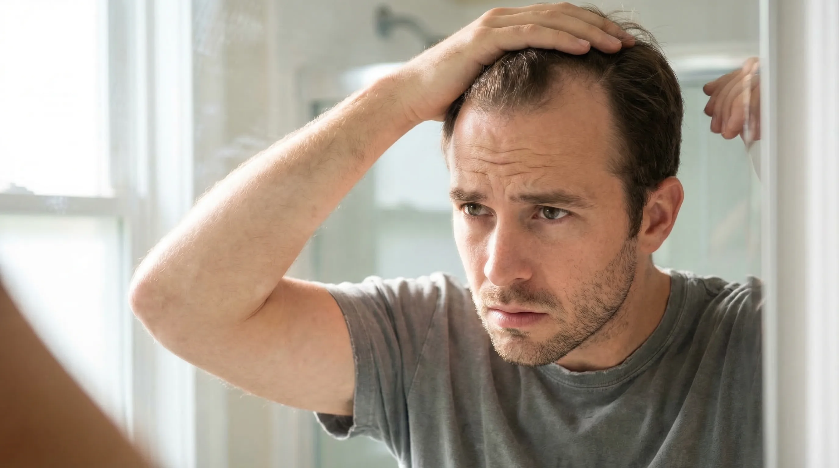 Alopécie Masculine — Zones Typiques de Perte de Cheveux | Renaissance Clinique Alopécie androgénétique masculine : illustration des zones de perte de cheveux typiques chez l'homme (golfes temporaux, ligne frontale, vertex)