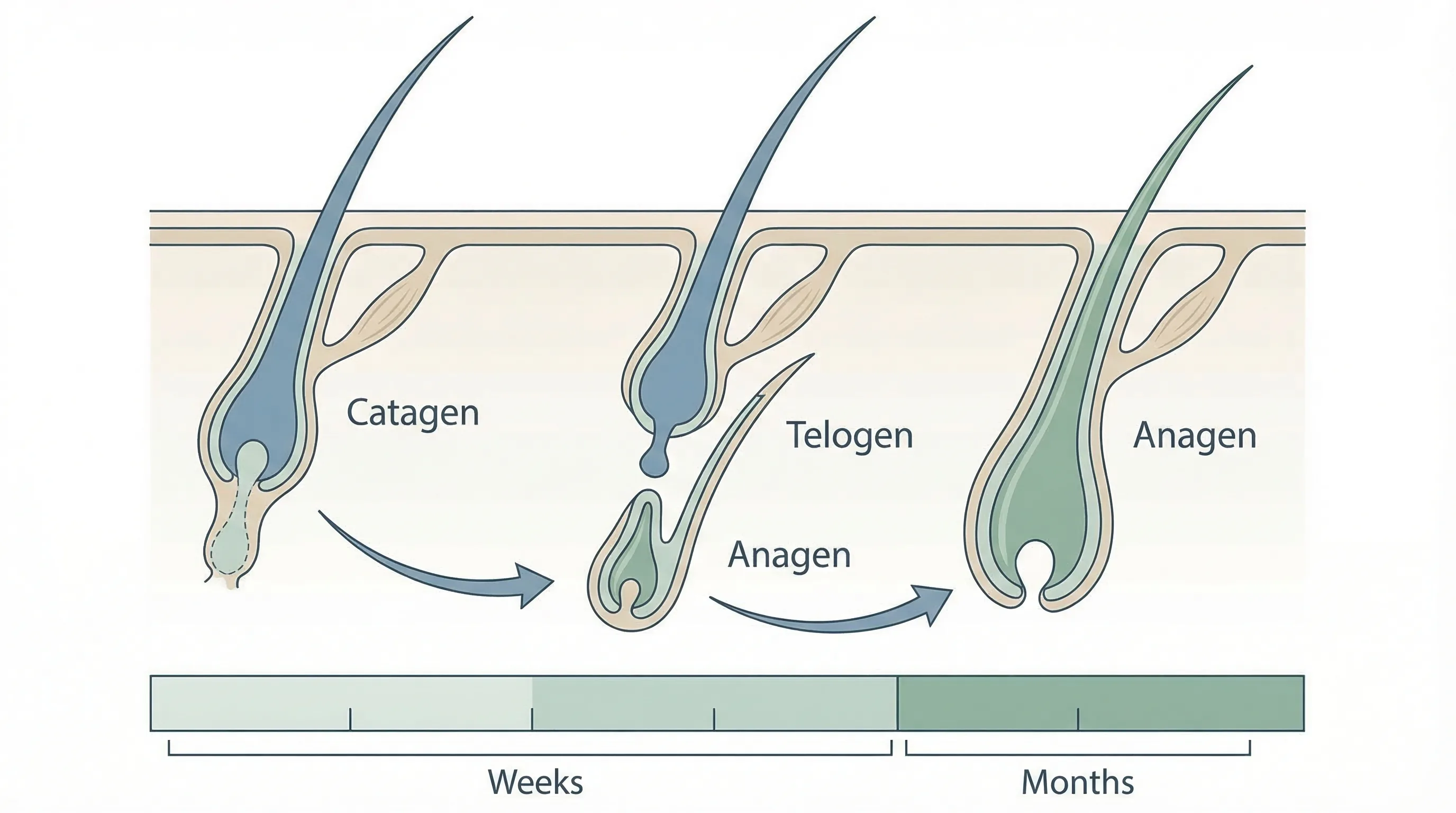 Mécanisme du Shedding — Comment le Minoxidil Synchronise les Follicules | Renaissance Clinique Mécanisme du shedding du minoxidil : schéma montrant comment le minoxidil raccourcit la phase télogène (repos) et initie prématurément une nouvelle phase anagène (croissance), provoquant la chute des cheveux en fin de cycle
