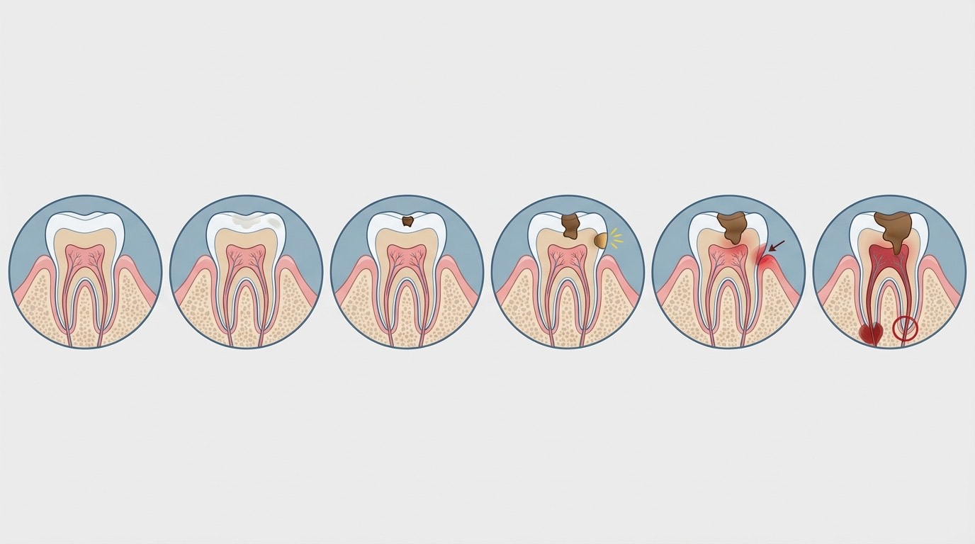 Stades progression caries dentaires | Renaissance Clinique Progression des caries dentaires : 4 stades de la carie initiale (émail) à l'atteinte pulpaire (nécrose)