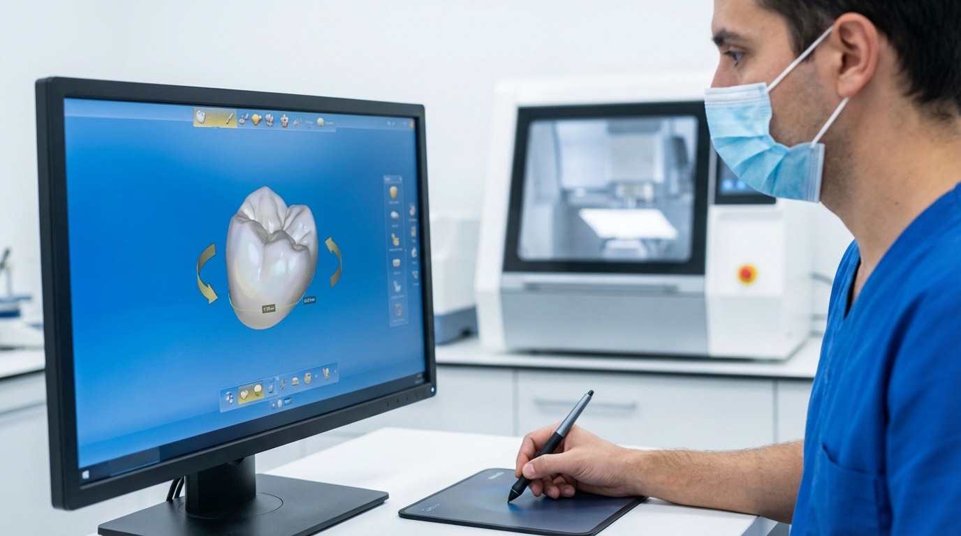 Fabrication CFAO d'une couronne dentaire en zircone | Laboratoire dentaire Istanbul Laboratoire dentaire CFAO à Istanbul — conception numérique d'une couronne en zircone sur logiciel CAD/CAM avec fraiseuse CNC en arrière-plan