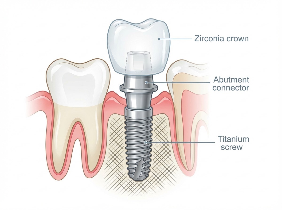 Implant dentaire avec couronne en zircone : schéma anatomique | Renaissance Clinique Schéma en coupe d'un implant dentaire avec couronne en zircone — vis en titane dans l'os, pilier et couronne prothétique