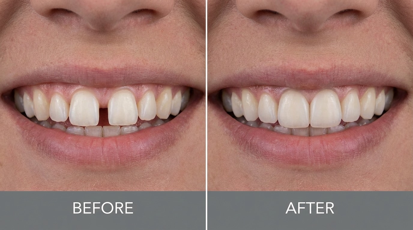 Fermeture de diastème — Clinique dentaire Istanbul | Renaissance Clinique Avant et après fermeture d'un diastème par bonding composite et facettes dans une clinique dentaire à Istanbul