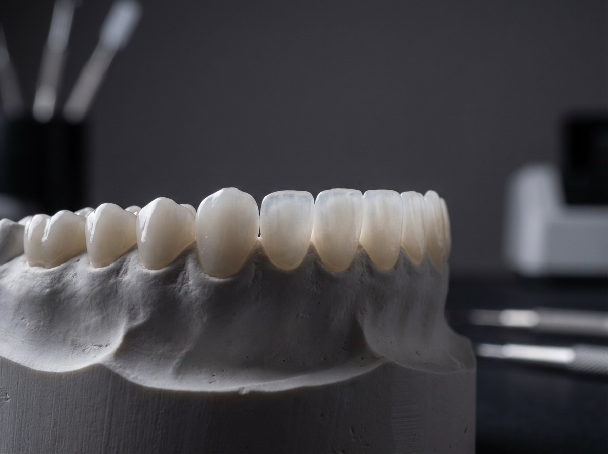Matériaux pour Hollywood Smile : facettes E-Max et zircone sur modèle dentaire