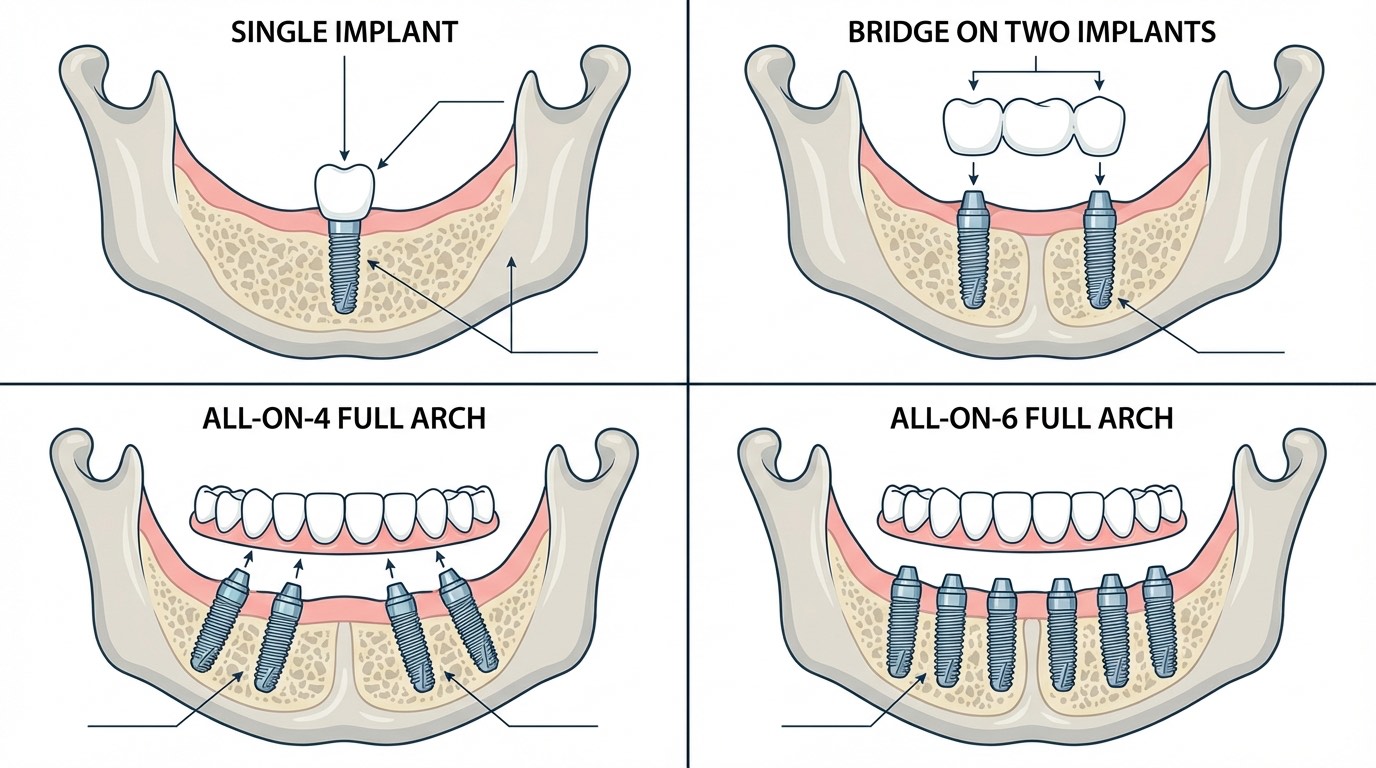 Comparatif visuel des protocoles implantaires : implant unitaire, bridge sur implants, All-on-4 et All-on-6