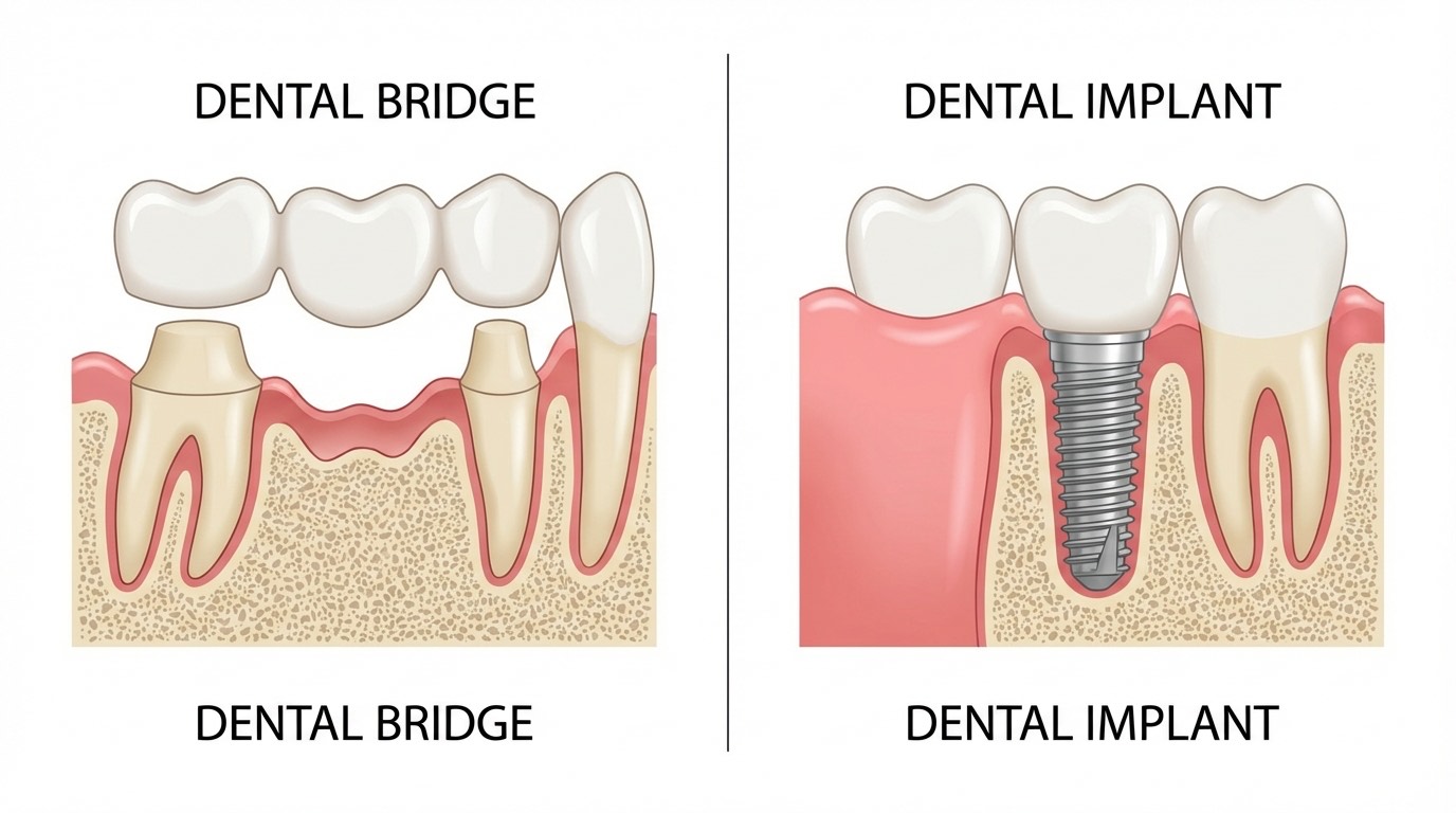 Anatomie comparée implant vs bridge : coupe transversale montrant la préservation osseuse et l'impact sur les dents adjacentes
