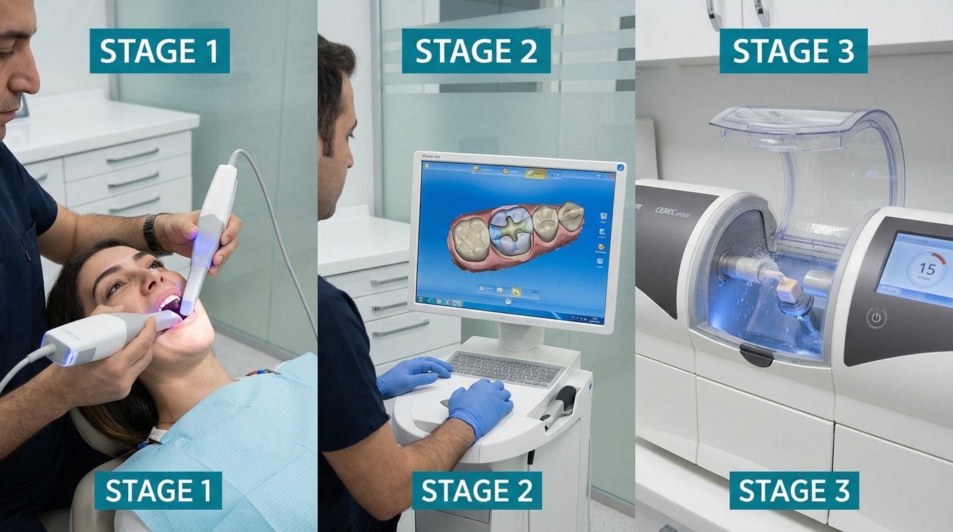 Technologie CEREC CAD/CAM pour inlay et onlay céramique : empreinte optique 3D, conception numérique et usinage en une séance