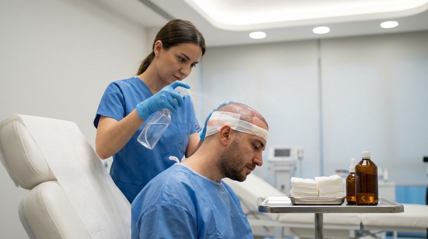 Protocole de soins post-opératoires greffe de cheveux | Renaissance Clinique Protocole de soins post-greffe de cheveux : nettoyage, spray salin, soins quotidiens