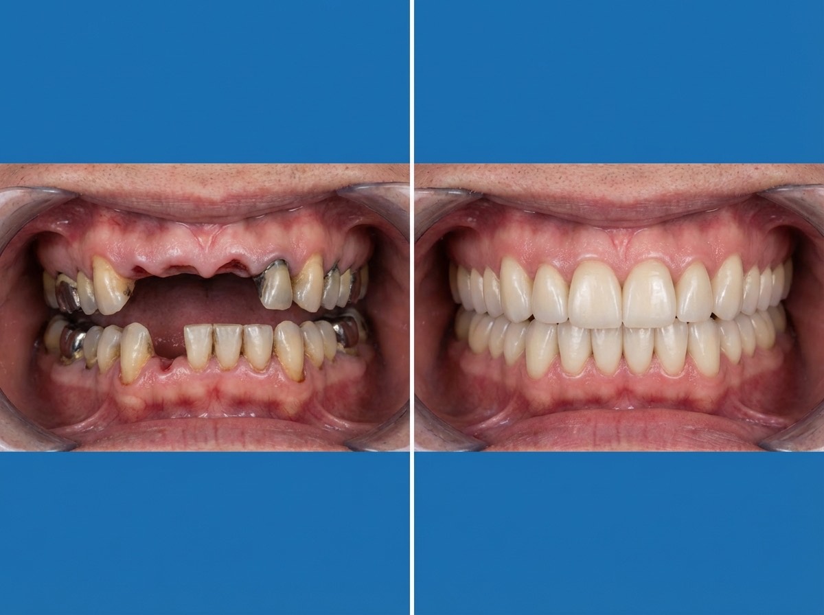 Résultat de réhabilitation dentaire complète : sourire transformé avec implants, couronnes zircone et facettes E-Max