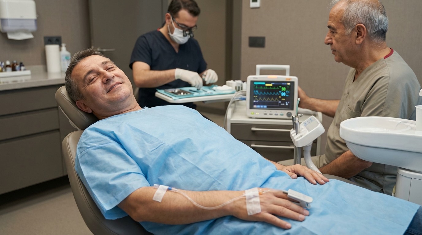 Sédation consciente MEOPA — Procédure dentaire | Renaissance Clinique Sédation consciente au protoxyde d'azote (MEOPA) : patient détendu pendant soins dentaires à Istanbul