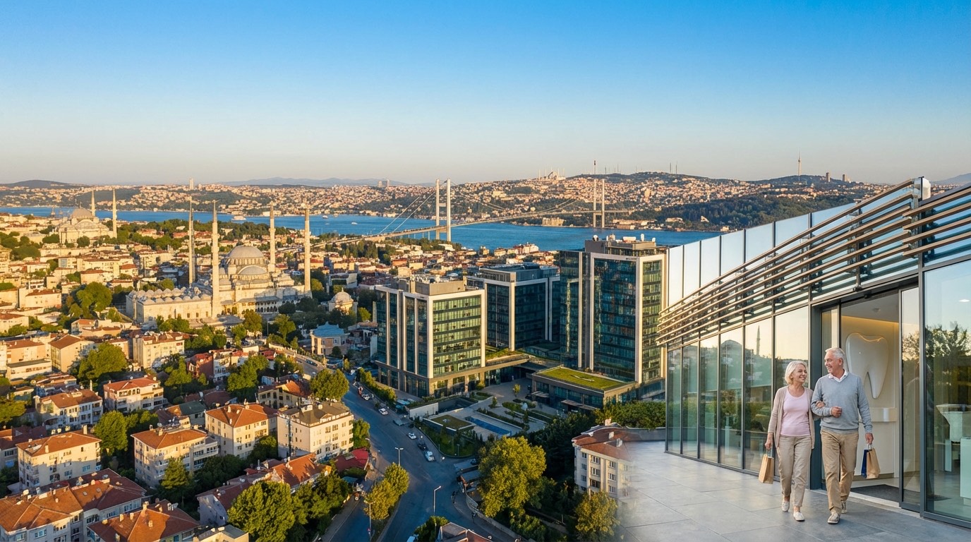 Tourisme dentaire à Istanbul — Renaissance Clinique 2026 Vue panoramique d'Istanbul avec le Bosphore et une clinique dentaire moderne — tourisme dentaire 2026