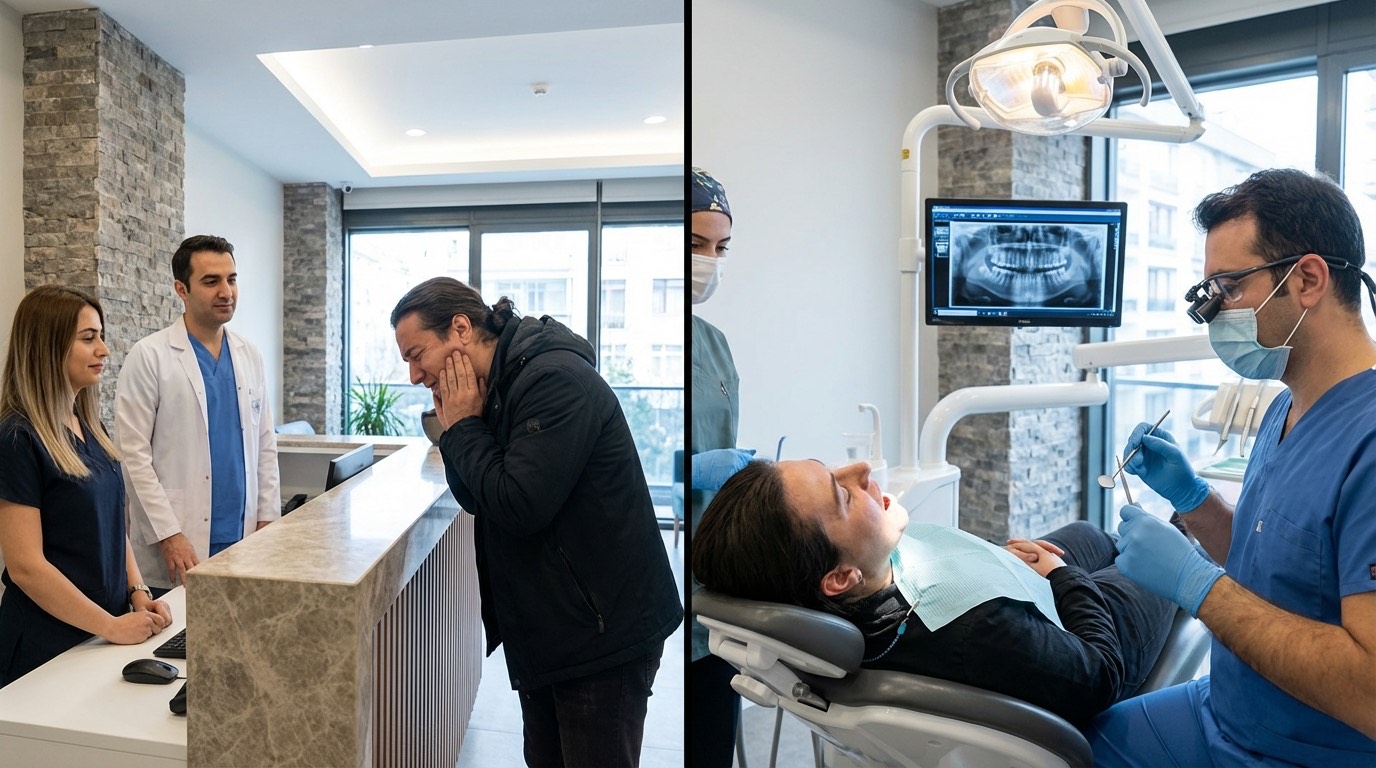 Urgences Dentaires Istanbul — Types de Traitements | Renaissance Clinique Types d'urgences dentaires traitées à Istanbul : dent cassée, abcès, douleur aiguë et traumatisme pris en charge le jour même