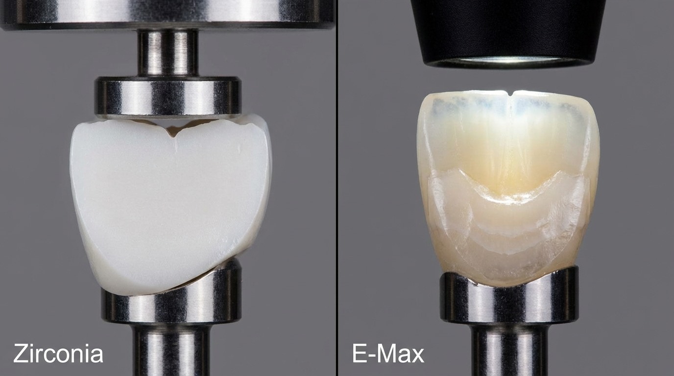 Structure microscopique zircone vs E-Max | Renaissance Clinique Vue microscopique zircone vs E-Max : structure cristalline, translucidité et propriétés optiques comparées