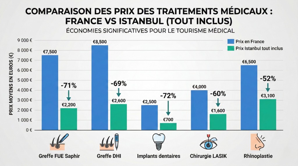 Graphique comparatif des prix des traitements médicaux France vs Istanbul (tout inclus) en 2026 : Greffe FUE Saphir 7 500 € en France vs 2 200 € à Istanbul (-71 %), Greffe Choi Pen 8 500 € vs 2 600 € (-69 %), Implants dentaires 2 500 € vs 700 € (-72 %), Chirurgie LASIK 4 000 € vs 1 600 € (-60 %), Rhinoplastie 6 500 € vs 3 100 € (-52 %)