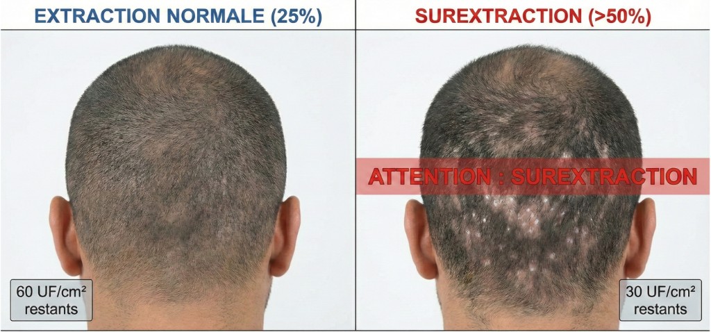 Over-Harvesting Zone Donneuse : Extraction Normale (25%, 60 UF/cm²) vs Surextraction (>50%, 30 UF/cm²) — Risques de la Greffe Low-Cost | Renaissance Clinique Comparaison clinique extraction normale vs surextraction de la zone donneuse : à gauche, extraction normale (25% des follicules prélevés) — arrière du crâne masculin aux cheveux courts montrant une densité uniforme et homogène, micro-points de prélèvement à peine visibles, densité résiduelle de 60 UF/cm². À droite, surextraction (>50% des follicules prélevés) — même angle montrant des plaques clairsemées visibles (aspect moth-eaten), cicatrices punctiformes blanches dispersées, zones amincies au centre de la région occipitale, densité résiduelle tombée à 30 UF/cm², bandeau d'avertissement rouge « ATTENTION : SUREXTRACTION »